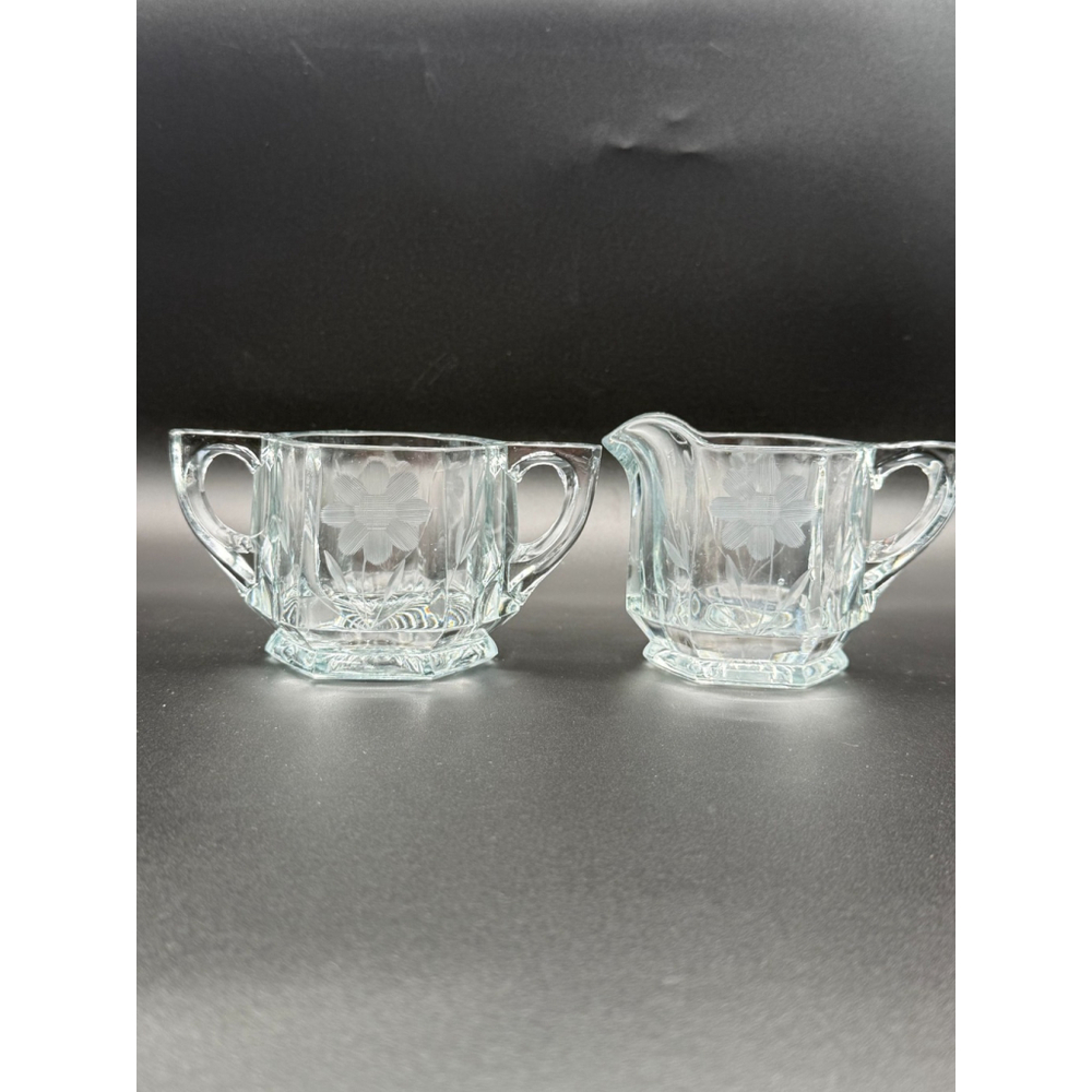 Vintage Heavy Glass Hexagon Creamer and Sugar Bowl Set Etched Floral Daisy